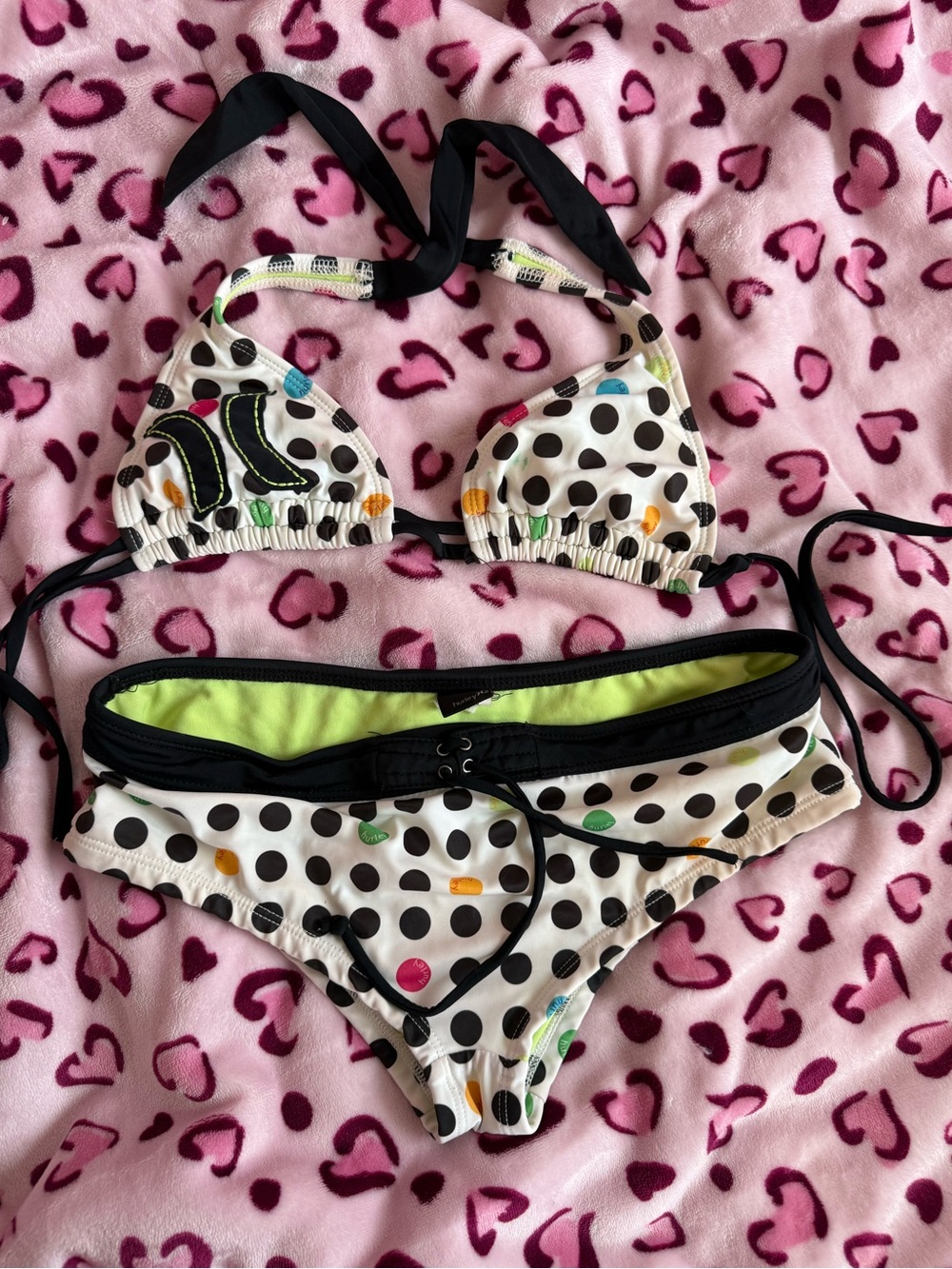 Hurley White Polka Dot Bikini with Black Trim and Neon Accents